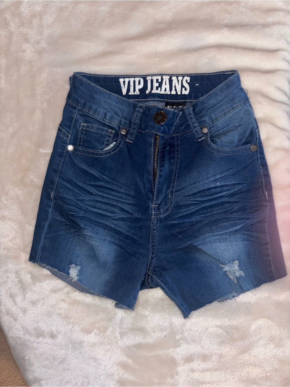 VIP Dark Blue High-Rise Distressed Denim Shorts
